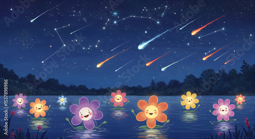 Cute illustration of smiling flowers floating on a lake under a starry sky
