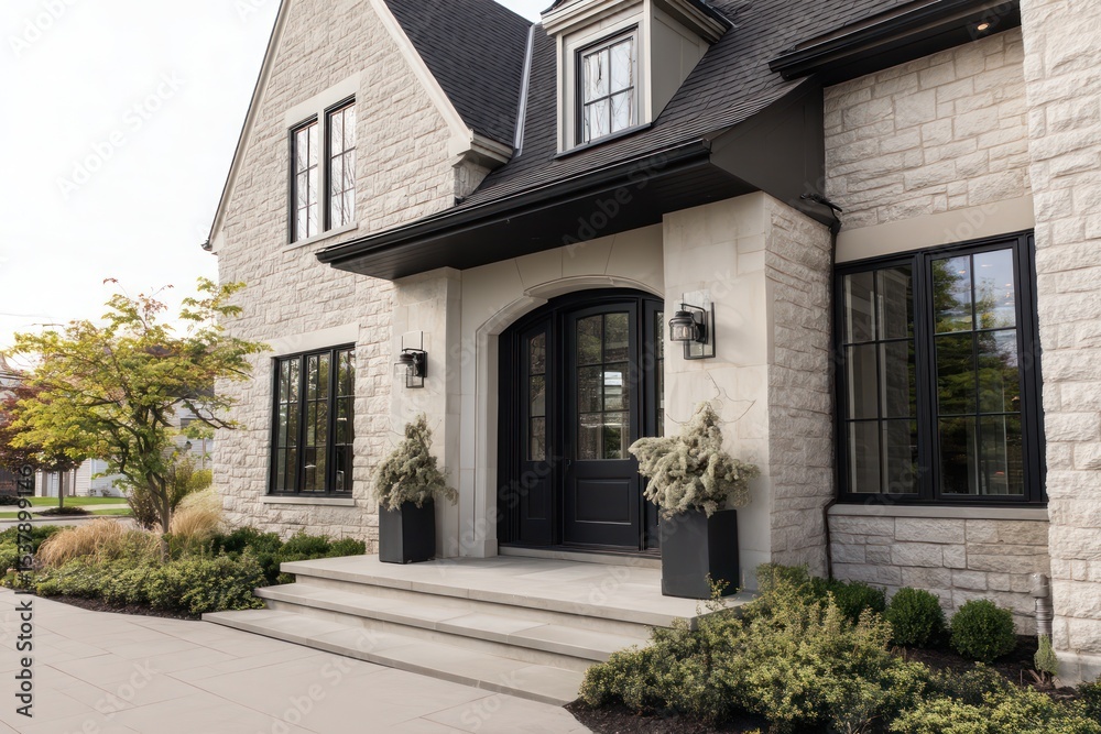 Obraz premium Large home with a modern black front door and matching doorbell, creating a sleek exterior look.
