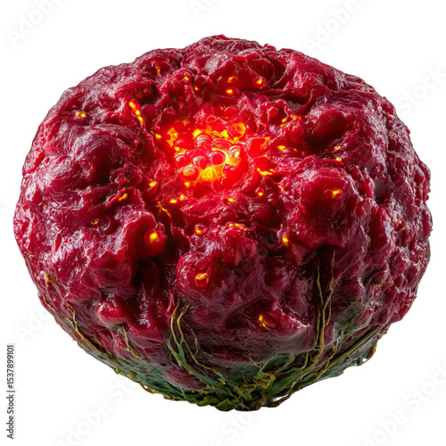 UTI symptoms and bladder scan concept. A glowing, organic structure with vibrant red and yellow details. photo