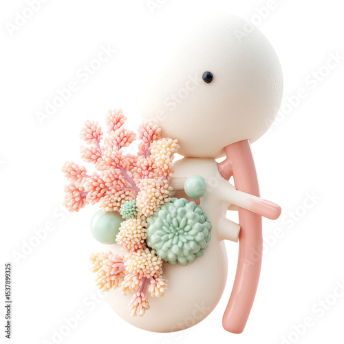 UTI symptoms and bladder scan concept. Cute character holding a bouquet of colorful artificial flowers. photo