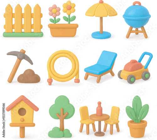 Cute 3D Garden and Backyard Icon Set – Colorful Outdoor Elements
