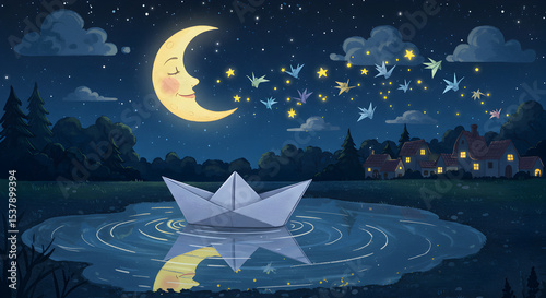 Dreamy scene: Paper boat on water under a smiling moon and starry night sky