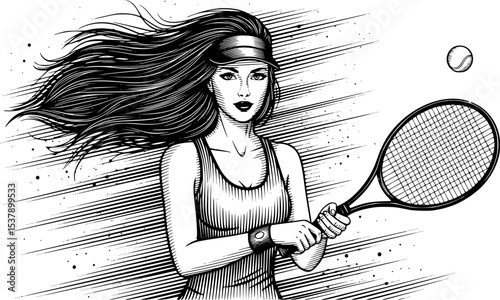 Tennis girl in pop art style. Sketch drawing of a young woman playing tennis. EPS 10 version.