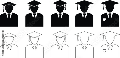 Student icon set vector black filled and outlined style. student with graduation cap ,successful completion of graduation academic wear educational concept element university avatar hope for the best