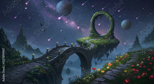 Fantasy landscape with floating islands, stone bridge, portal, and starry night sky
