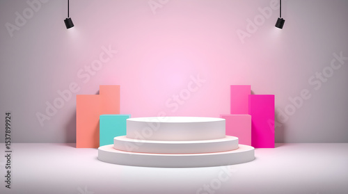 White round winner podium illuminating pink studio background displaying colorful geometric shapes