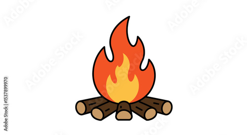 Illustration of a campfire with orange and yellow flames and brown logs on a white background design element