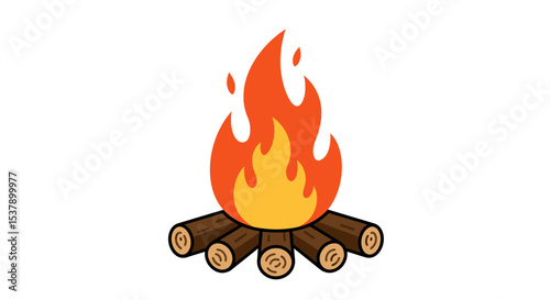 Illustration of a campfire with orange and yellow flames and brown logs arranged in a pyramid shape