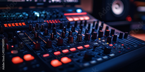 A detailed close-up shot of an audio mixing console in a recording studio.