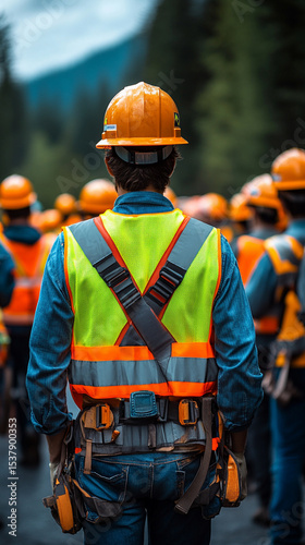 Back view of construction workers attending a safety training session. Wearing hard hats and reflective vests, symbolizing teamwork, workplace safety, and professional industry standards.
