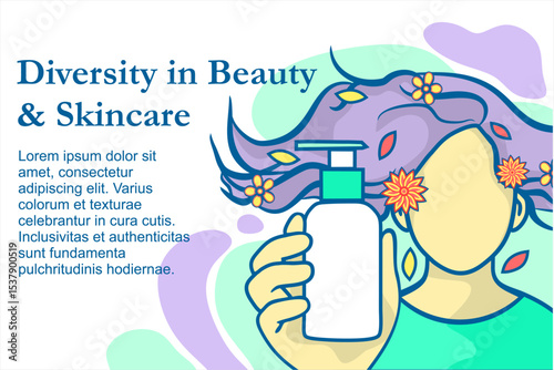 Colorful Diversity in Skincare – Female Illustration with Flowers and Hair Flowing, Modern Beauty Diversity Concept – Skincare and Natural Elements Illustration, Holding Product Bottle