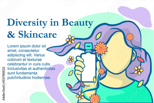 Colorful Diversity in Skincare – Female Illustration with Flowers and Hair Flowing, Modern Beauty Diversity Concept – Skincare and Natural Elements Illustration, Holding Product Bottle
