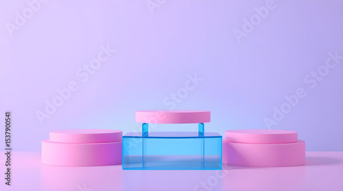 Pink and blue cylinder podiums creating a modern and minimalist showcase