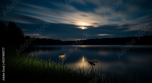 Night Lake Scene with Fireflies and Starry Sky Landscape View
