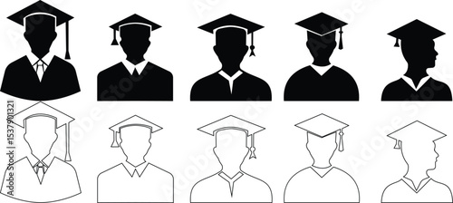 Student icon set vector black filled and outlined style. student with graduation cap ,successful completion of graduation academic wear educational concept element university avatar hope for the best