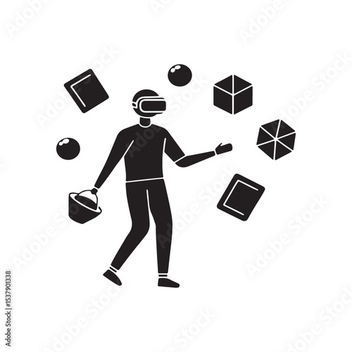 irtual Reality Shopping Silhouette,User with Futuristic VR Goggles in Immersive 3D Interface Vecto
