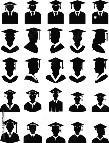 Student icon set vector black filled and outlined style. student with graduation cap ,successful completion of graduation academic wear educational concept element university avatar hope for the best