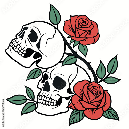 Two stylized skulls are adorned with vibrant red roses and verdant leaves in detailed art