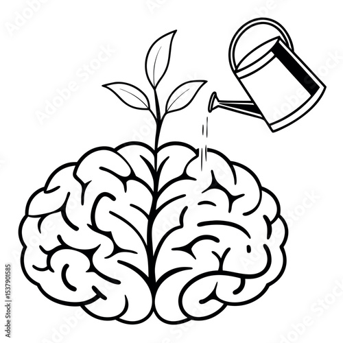 Watering can nourishes plant growing from brain outline; transparency is used in image