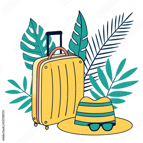 Yellow suitcase alongside a sunhat and tropical leaves presents a fun vacation vibe on transparent backdrop