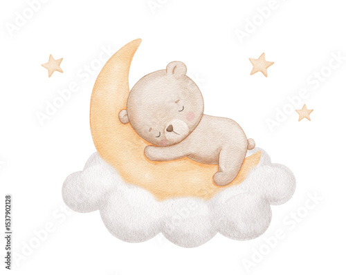 Watercolor cute bear sleeping on moon in cloud with stars, watercolor hand drawn illustration for kids, painted drawing with isolated background