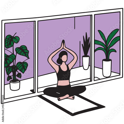 A minimalist silhouette of a woman practicing yoga in a modern home studio filled with natural light.