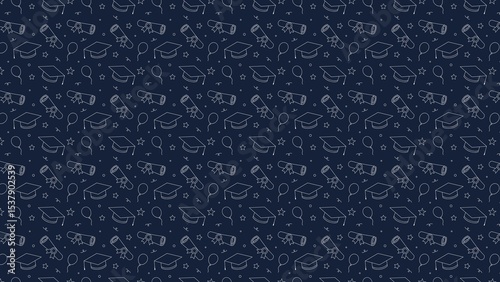 A dark blue background with a pattern of graduation caps diplomas balloons and stars in white outline