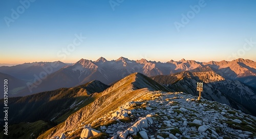 Panoramic Alpine Mountain Range at Sunrise, Austria Hiking Trail Number 111
