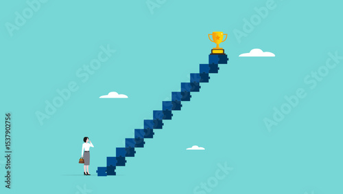 small steps to success or achieve big goals, consistency and perseverance to reach target, small change big impact concept, woman climbs small ladder diligently to reach the championship trophy
