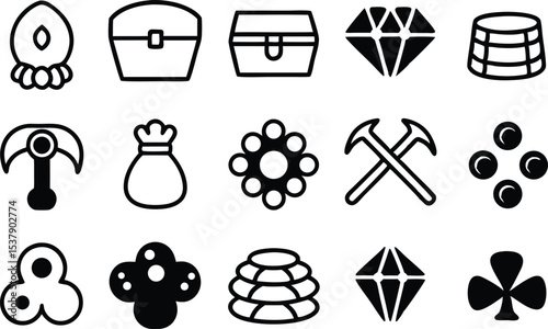 Solid filled treasure chamber icons design set for digital applications
