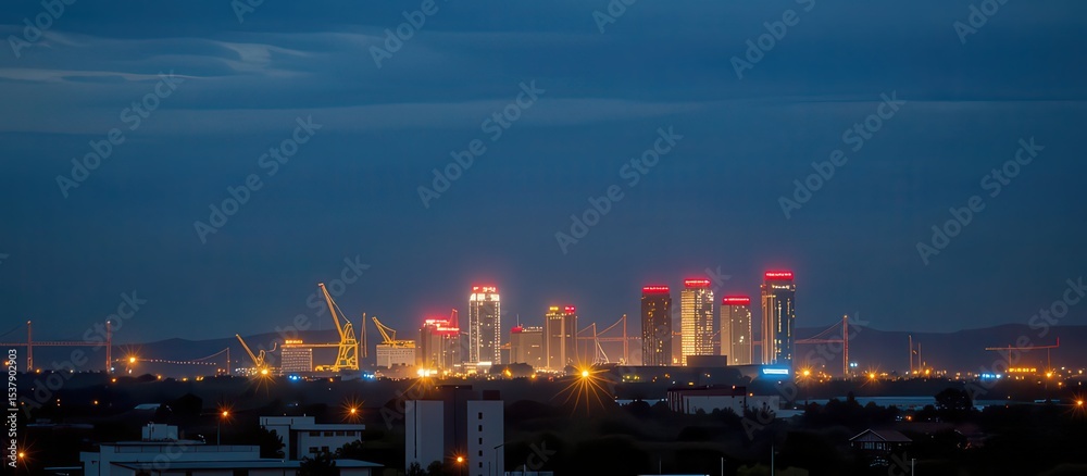 Fototapeta premium City skyline illuminated at night with construction cranes visible.