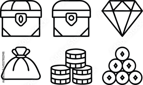 Solid filled icon set depicting treasure chamber elements for design projects