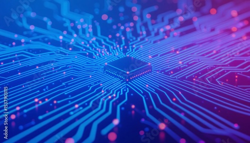 Futuristic Circuit Board with Illuminated Connections and Purple Highlights