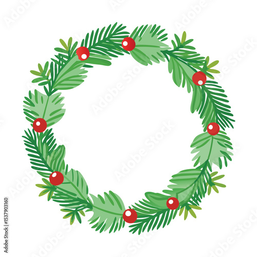 Christmas wreath vector illustration with holly, pine branches, and festive red bows, perfect for holiday decoration.