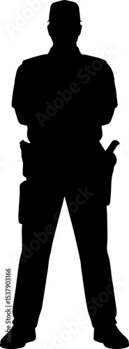 Silhouette of a security guard standing with arms crossed in a white background image