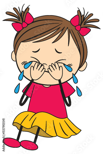 Crying Girl Cartoon with Pigtails and Bows