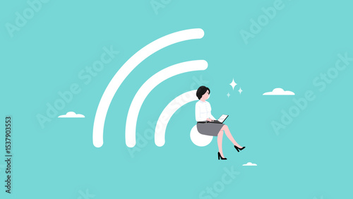 work from home, freelance or online job, smart woman working remotely using laptop sitting on wifi or internet online icon concept vector illustration