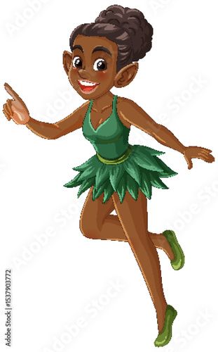 Playful Fairy in Green Leaf Dress Illustration