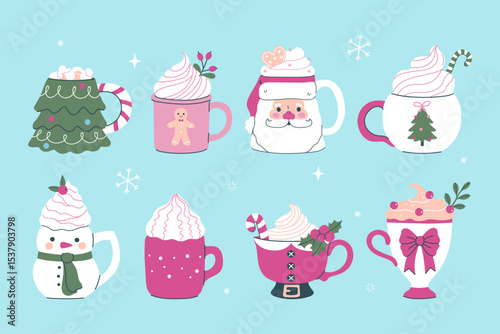 Christmas mugs with sweet drinks set. Vector graphics