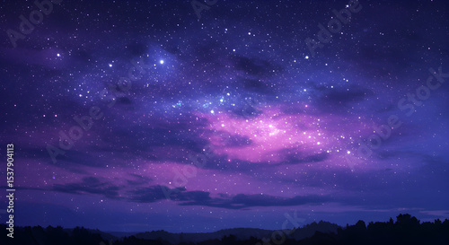 Stunning image of a starry night sky with purple and blue hues over mountains
