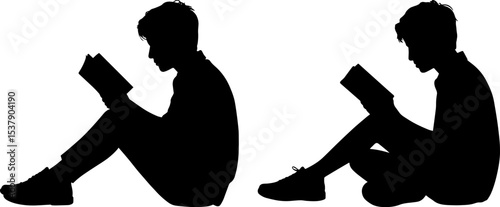 Two silhouettes of people sitting and reading books against a white background art
