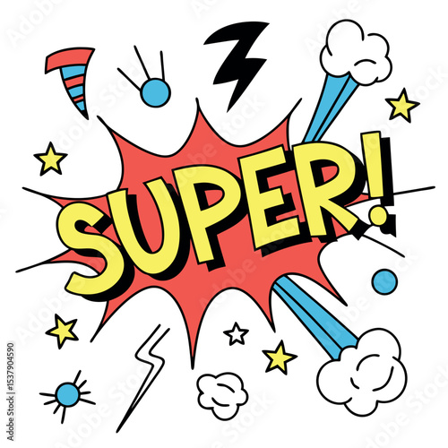 Bright yellow SUPER exclamation bursts forth amid colorful comic style explosion effect on white