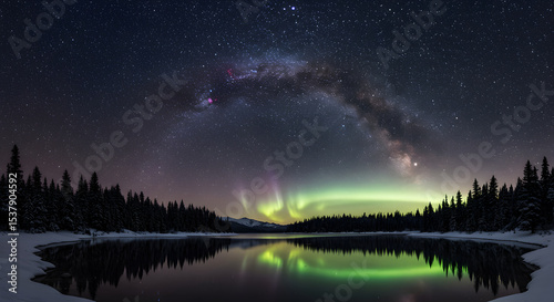 Stunning Night Sky Over a Serene Lake with Aurora Borealis and the Milky Way
