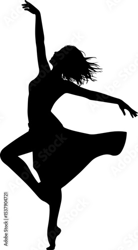 Silhouette of a woman in a dress dancing with her arms raised on a white background