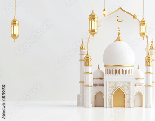 A refined Ramadan design with a white mosque in the center, golden lanterns glowing softly, and rich Islamic geometric patterns surrounding it, with ample space for luxury text in a sleek font
