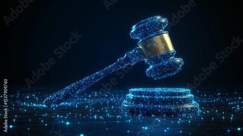 Digital gavel made of glowing lines and nodes on a dark background with caption space—symbolizing justice, modern law, legal tech, digital governance, and the future of legal systems.
