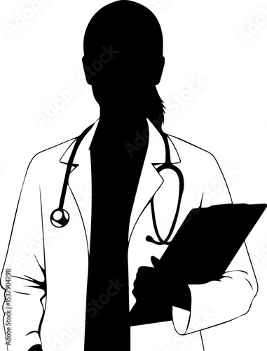 Silhouette of a doctor with a stethoscope and clipboard against a white background art