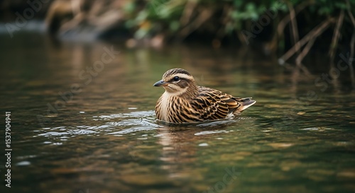 Portrait of a brown duck swimming in a flowing creek river