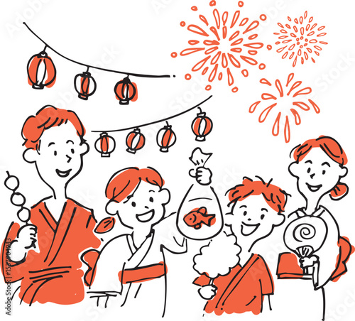 Family enjoying summer festival in yukata – fireworks and food stalls illustration