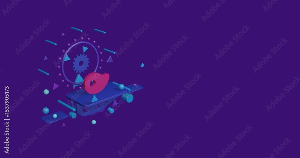 Fototapeta premium Pink steak symbol on a pedestal of abstract geometric shapes floating in the air. Abstract concept art with flying shapes on the left. 3d illustration on deep purple background